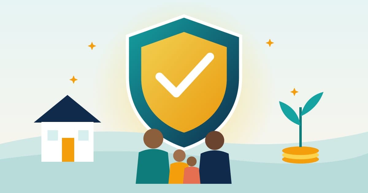 Life insurance protects your family: a family standing safely in front of a large protective shield, a home and a growing plant